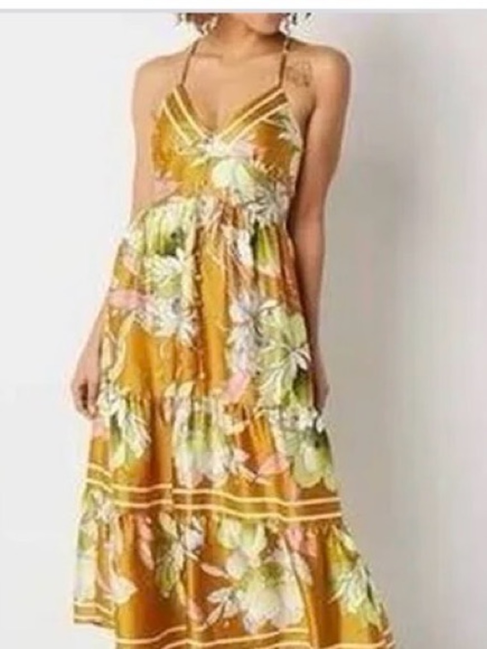 Mustard Floral Tiered Maxi Dress with Spaghetti Straps